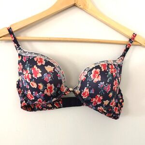 Aerie Brooke Floral Print Push Up‎ Bra Lace Trim Cottagecore Navy Blue 34C